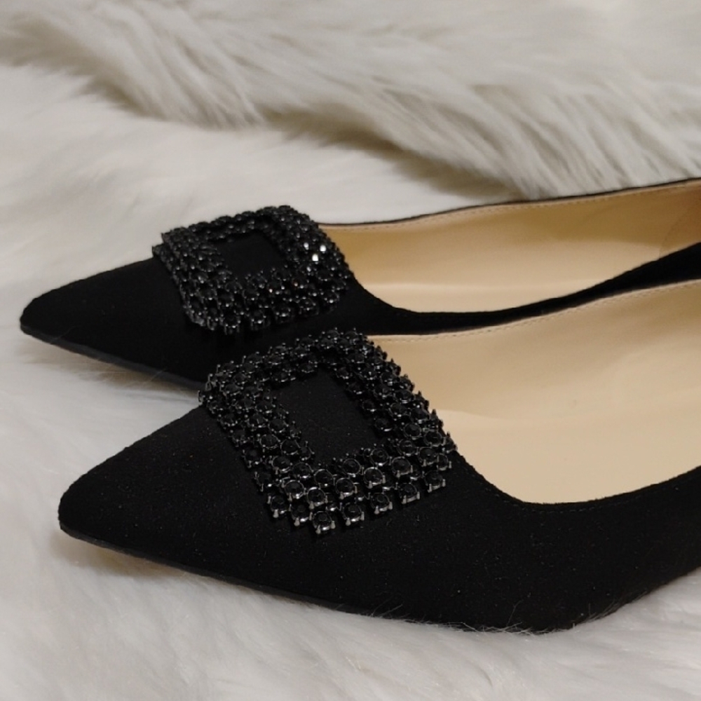 SALE! New Nine West Black Point Toe Embellished Flats Sleek Minimalist Design - Picture 3 of 16